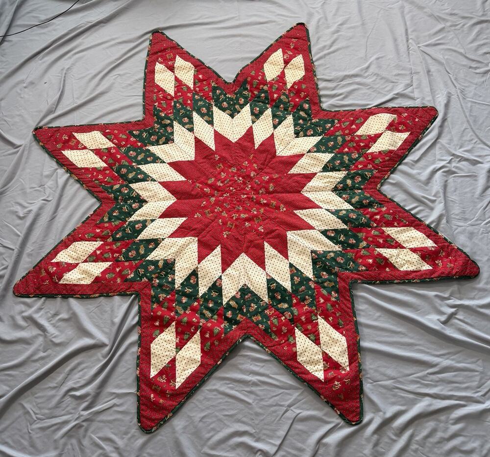 Vintage Star Shaped Christmas Quilt 6 Points Homemade 62” Santa Trees Toys